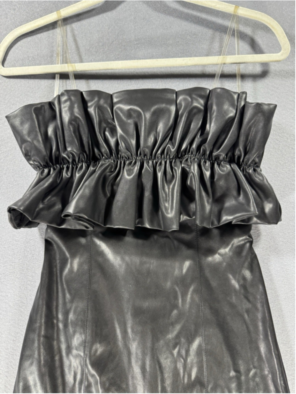DO + BE Black Faux Leather Mini Dress Ruffle Bodice - Picture 3 of 13